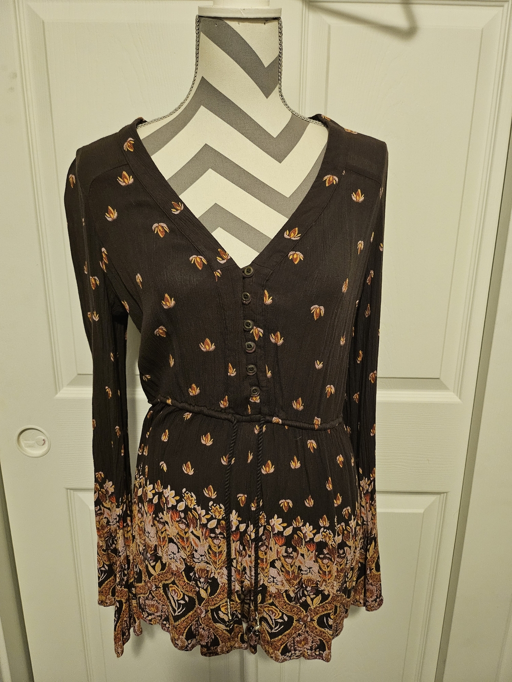 Ecote Brown Long-Sleeve Floral-Print Romper with Drawstring Waist